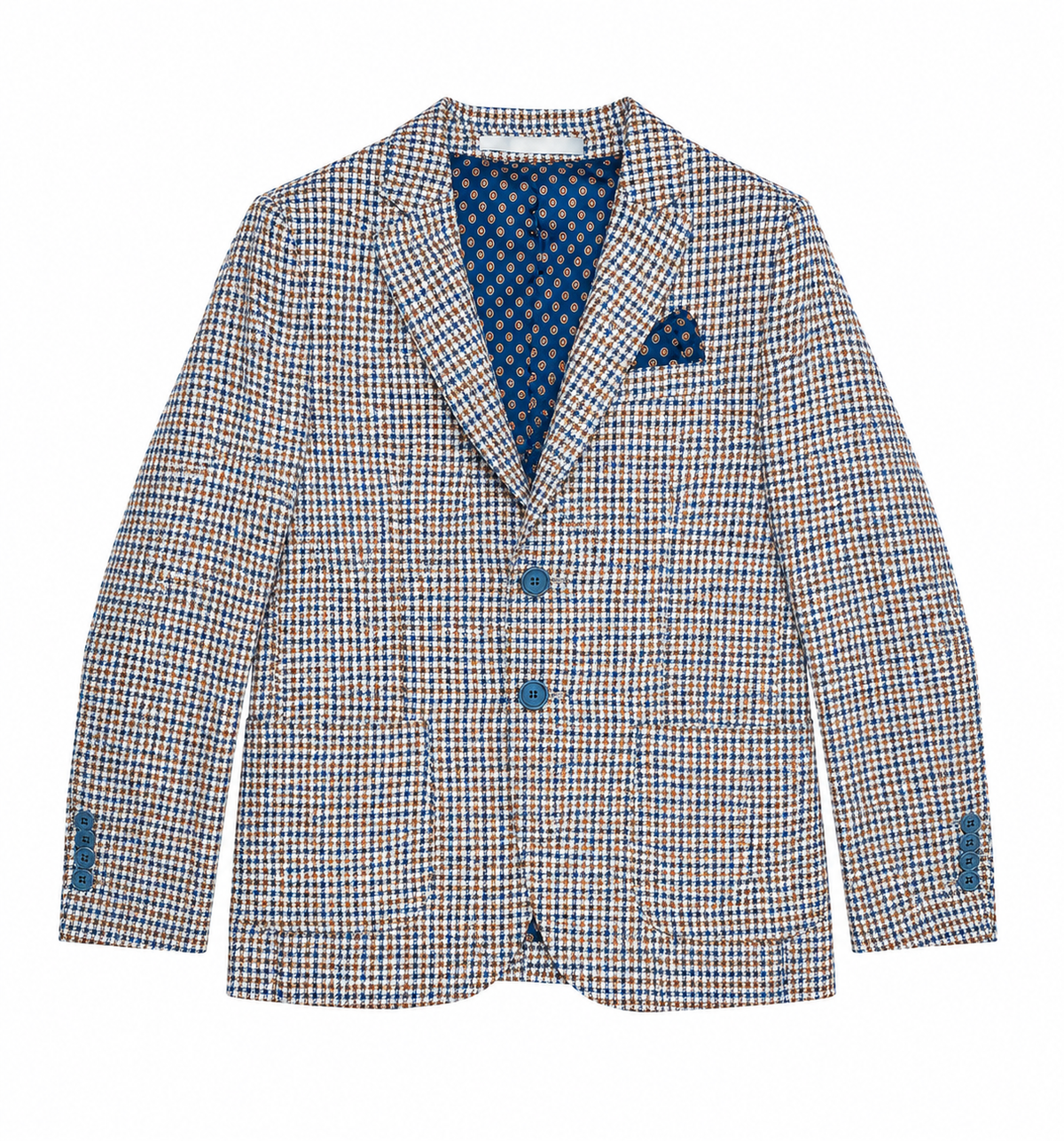 Checkered blazer with blue buttons on a white background