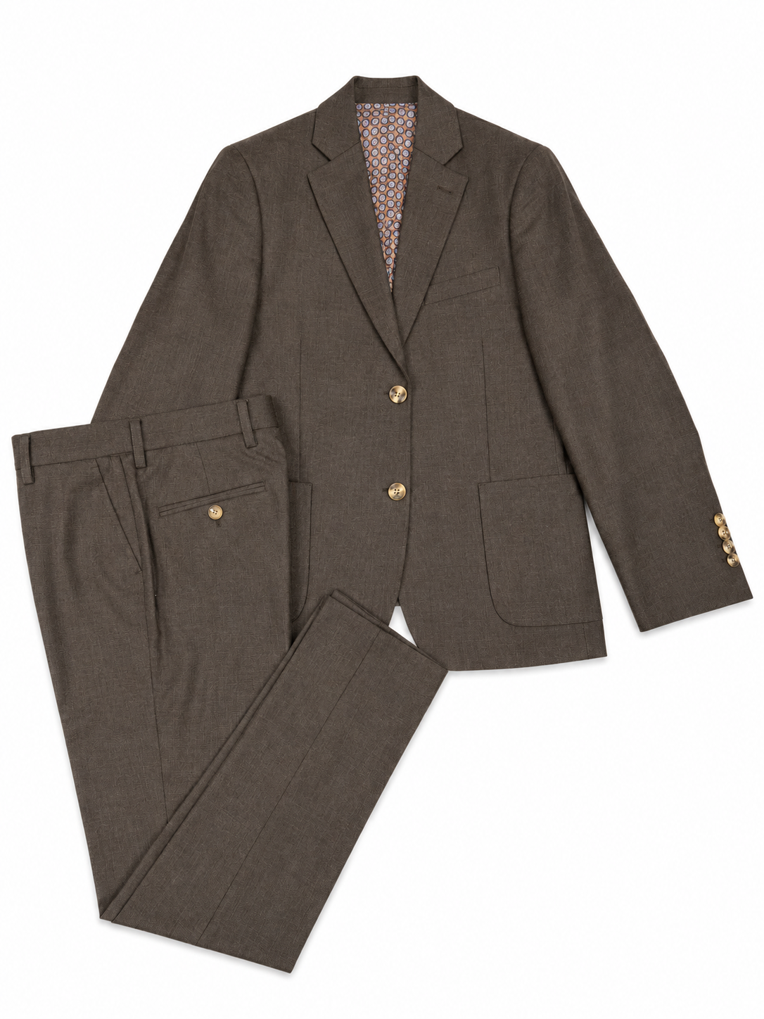Brown suit jacket and pants with gold buttons on a white background