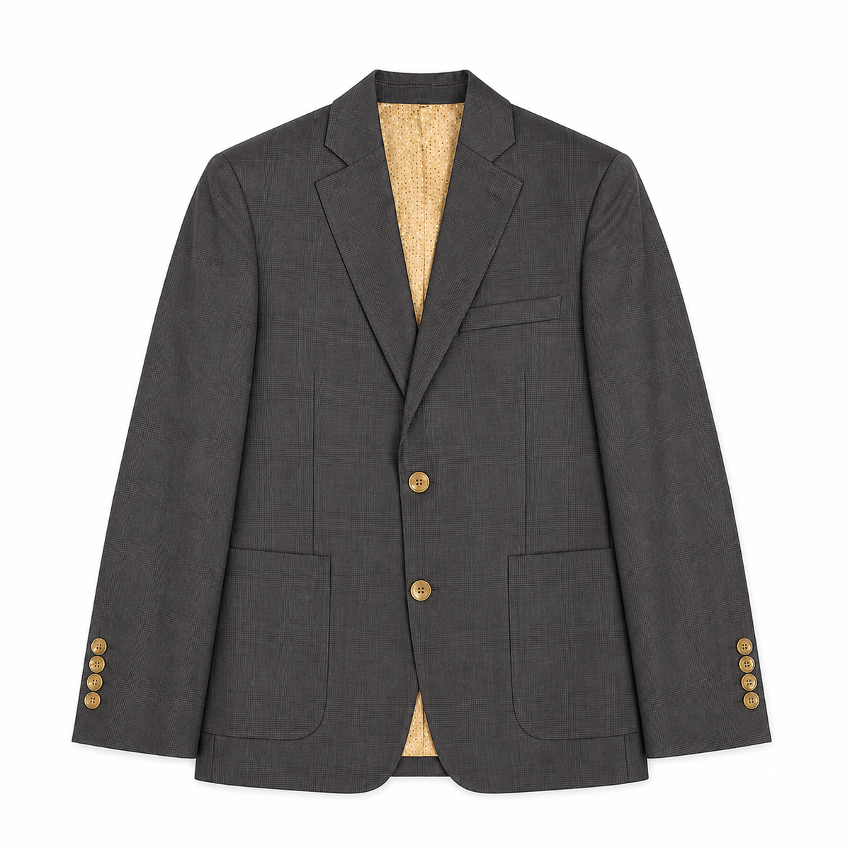 Boy's Charcoal Gray Glen Plaid Two-Button Blazer with Gold Buttons