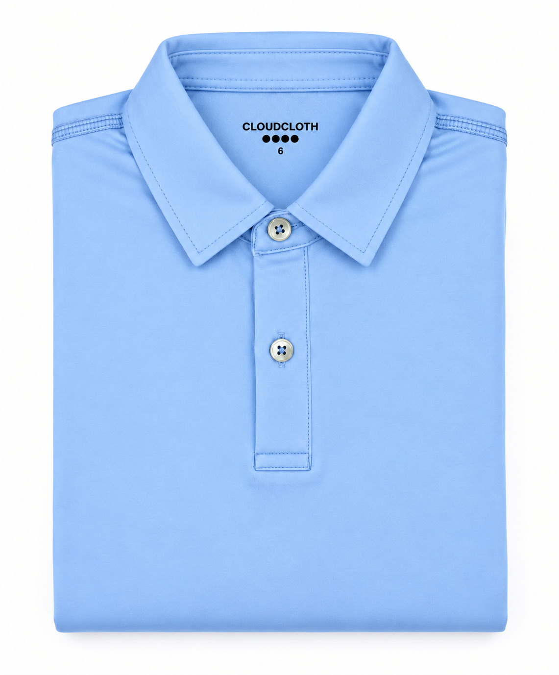 A folded light blue polo shirt on a plain white background, with the brand name CLOUDCLOTH visible inside the collar.
