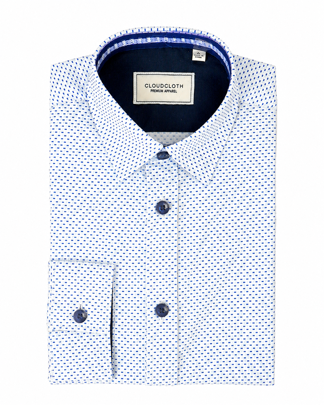 White dress shirt with blue pattern and buttons, branded 'Cloudcloth', on a white background