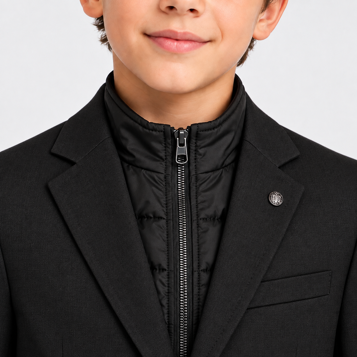 Boys’ 2-Piece Black Suit Set with Zip-Up Mock Layer