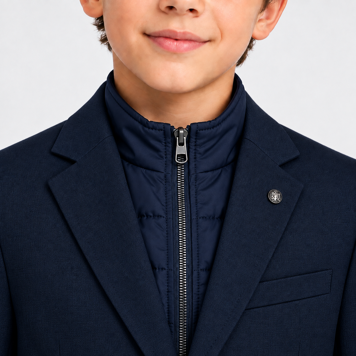 Boys’ 2-Piece Navy Suit Set with Zip-Up Mock Layer