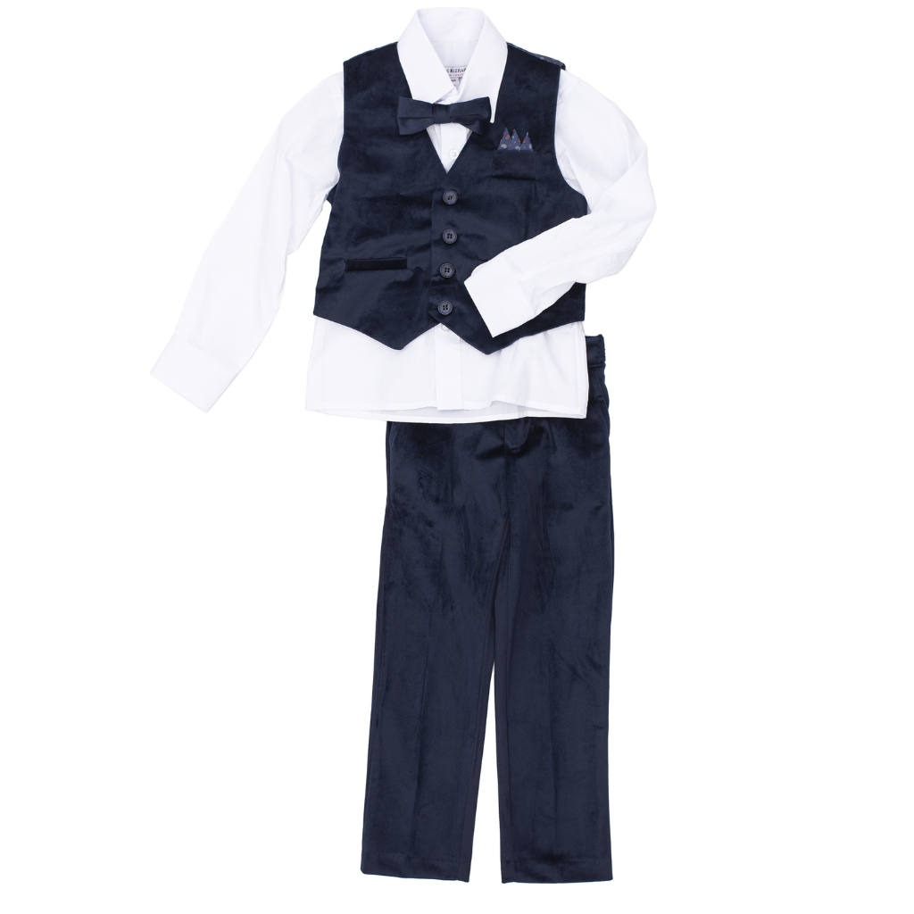 Boys 5-Piece Navy Formal Vest Set – Dress Shirt, Vest, Pants, Bow Tie & Pocket Square