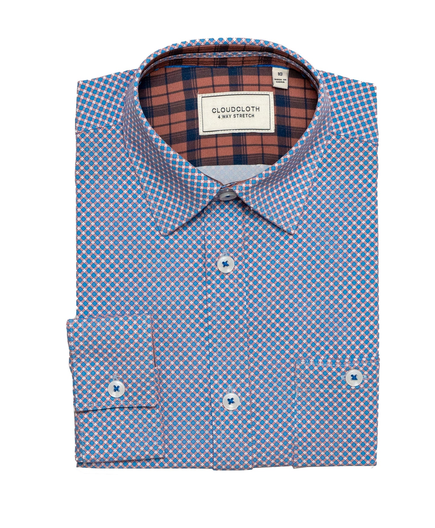 Boys 4-Way Stretch Long Sleeve Shirt with Pink & Blue Geometric Print