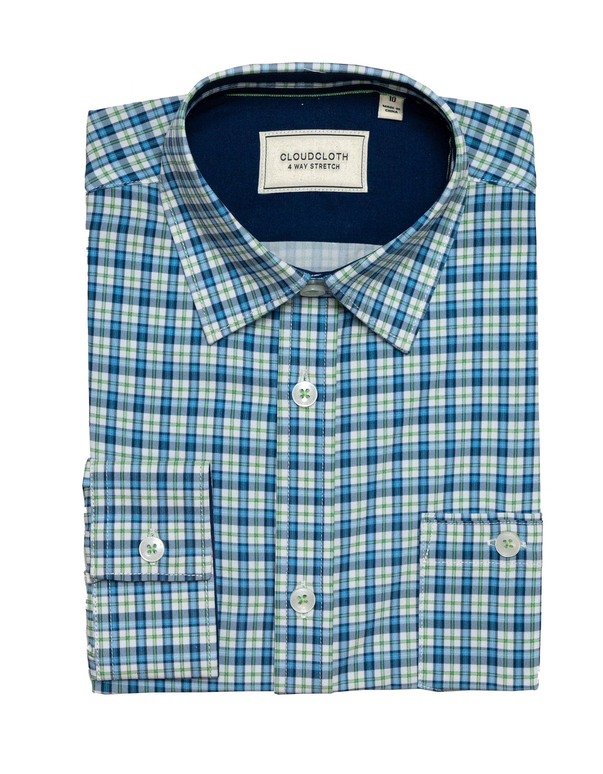 Boys Blue & Green Plaid 4-Way Stretch Long Sleeve Shirt