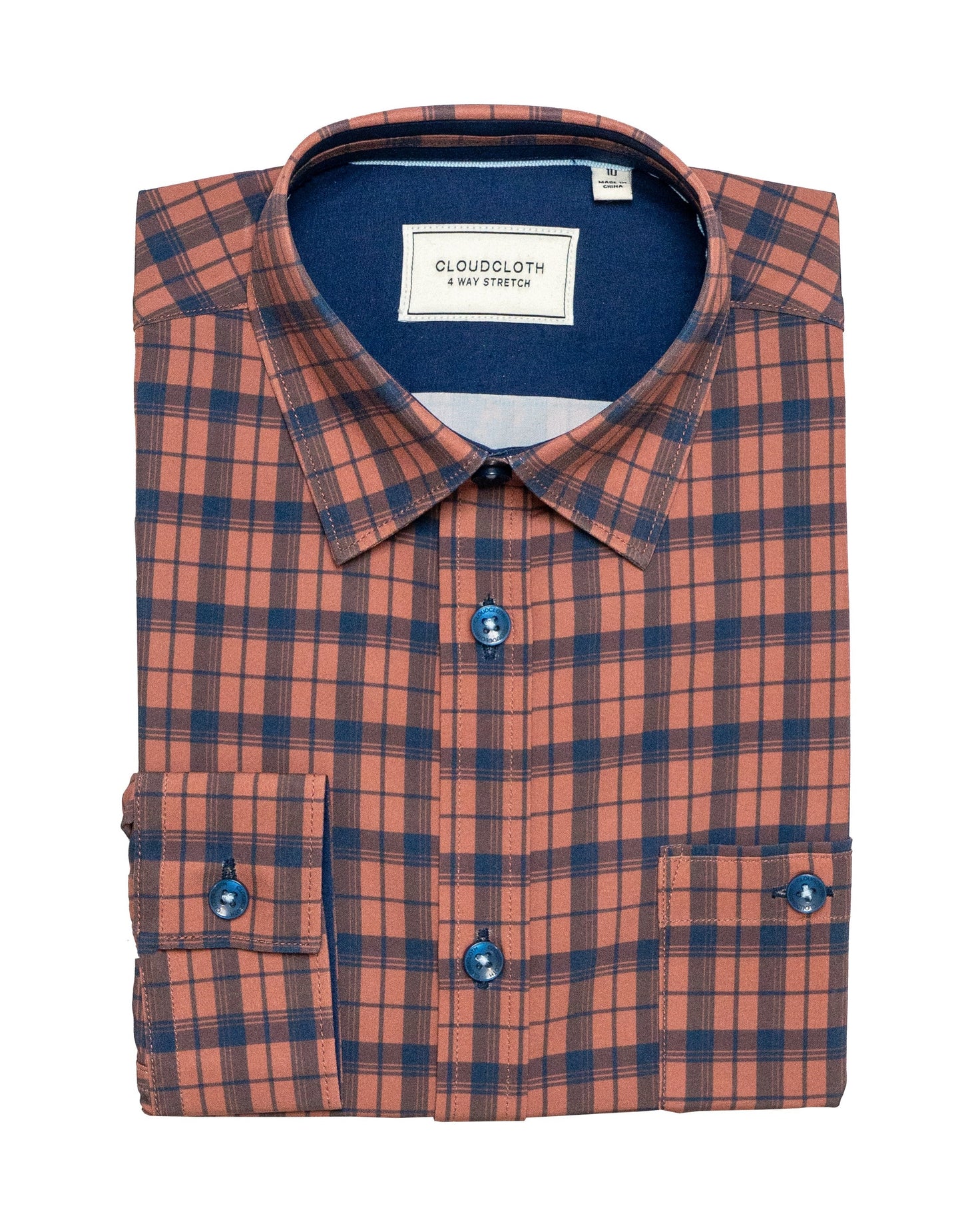 Boys 4-Way Stretch Long Sleeve Plaid Dress Shirt – Rust & Navy Check