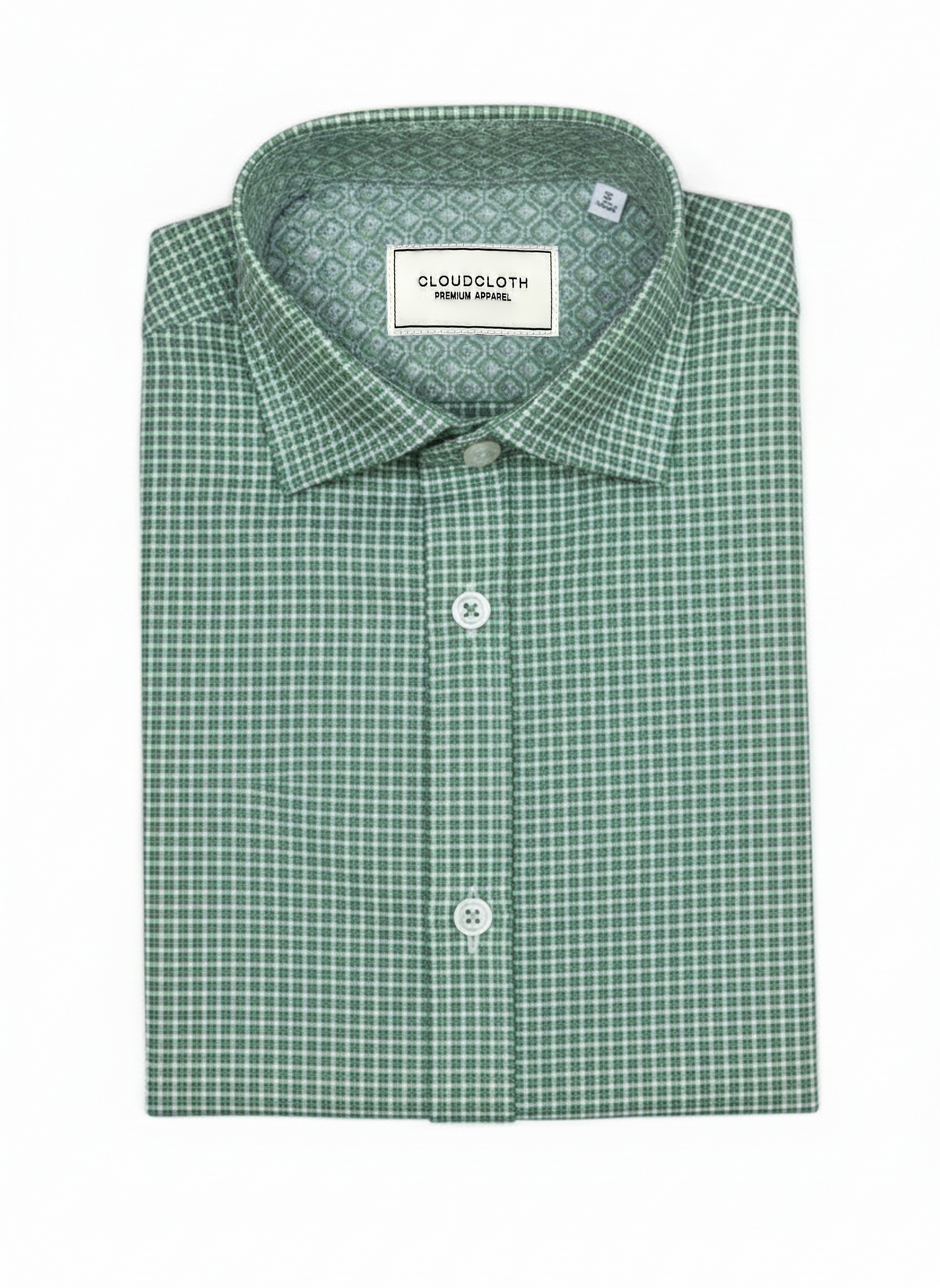 A folded men's dress shirt by Cloudcloth in a green and white micro-check pattern, displayed on a clean white background.