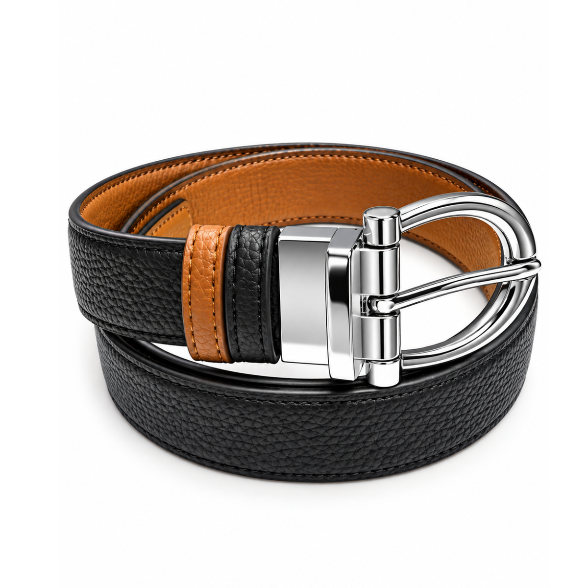 Boys’ Black & Tan Textured Leather Belt with Silver Buckle