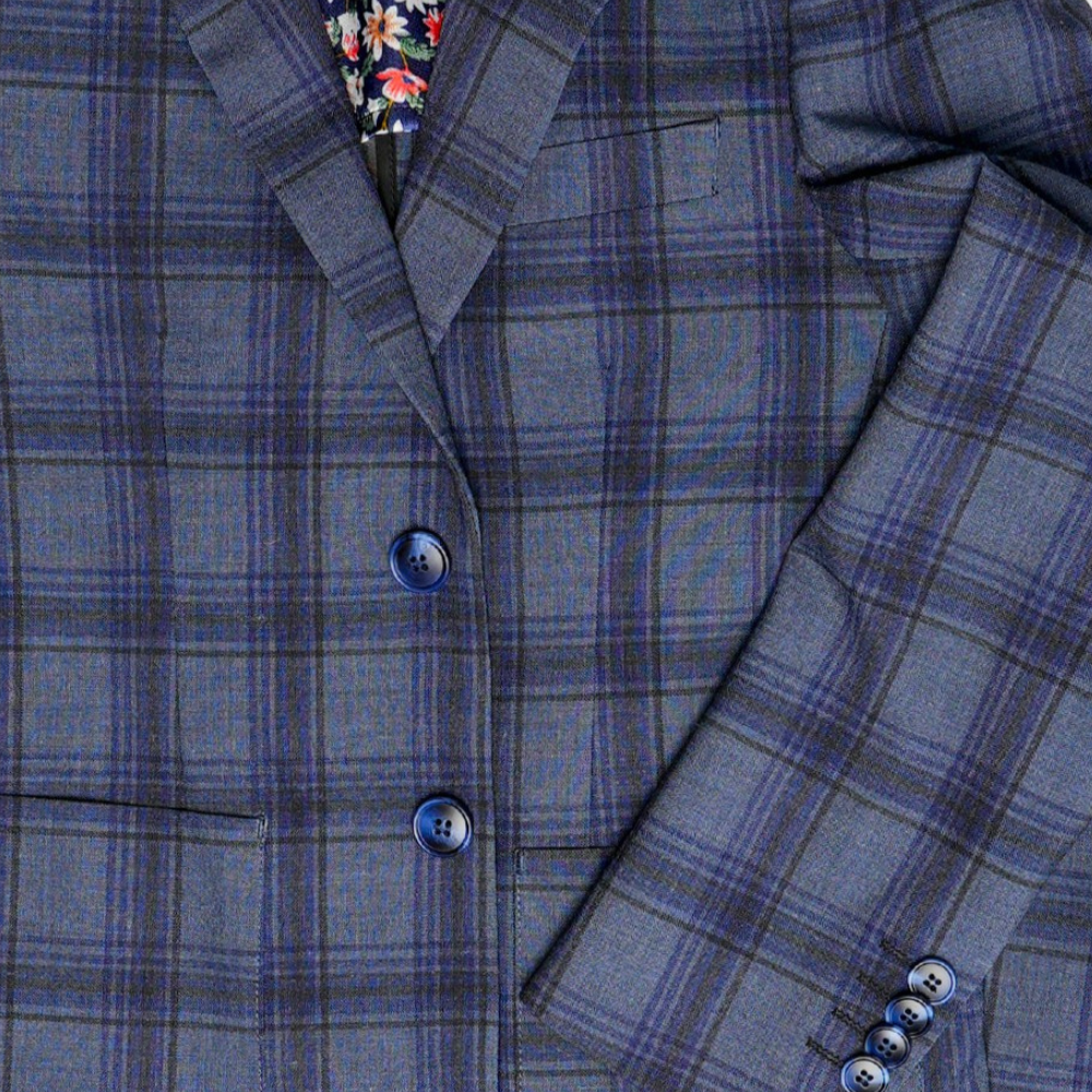 Boy's Blue Plaid Textured Suit Blazer