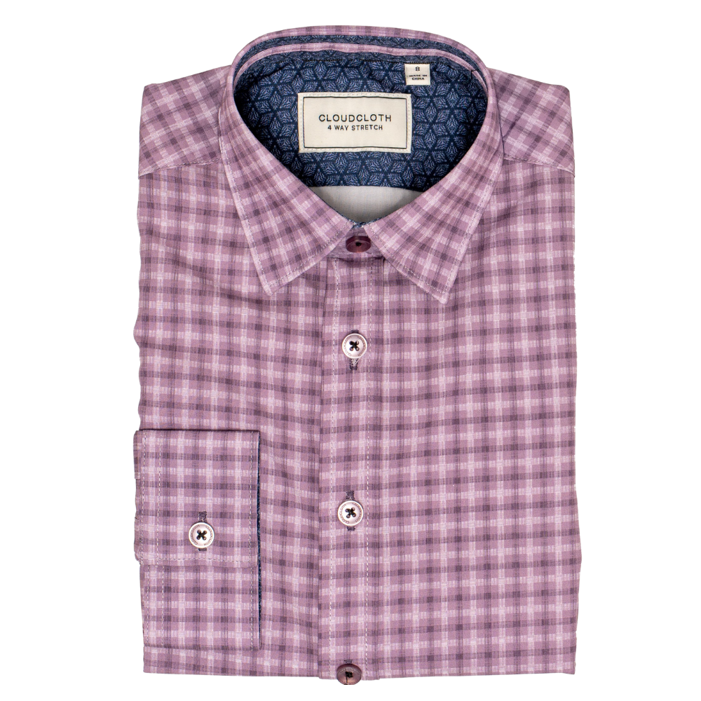 Boys 4-Way Stretch Long Sleeve Shirt – Mauve Plaid Check