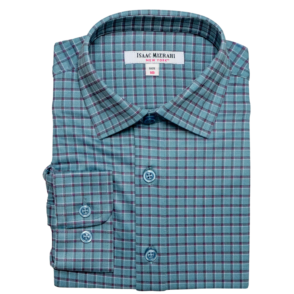 Boys Long Sleeve Plaid Dress Shirt – Teal & Burgundy Windowpane Check