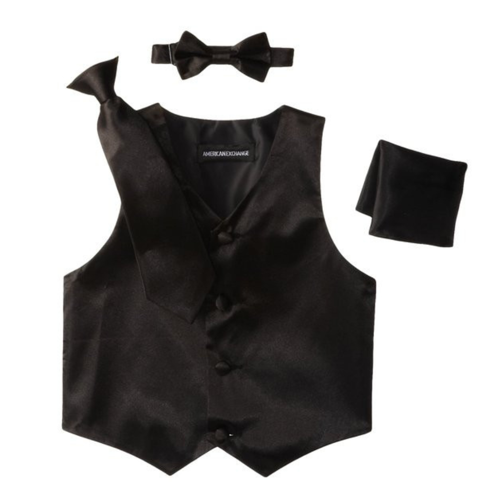 Boys Black Satin 4-Piece Formal Vest Set – Vest, Necktie, Bow Tie & Pocket Square