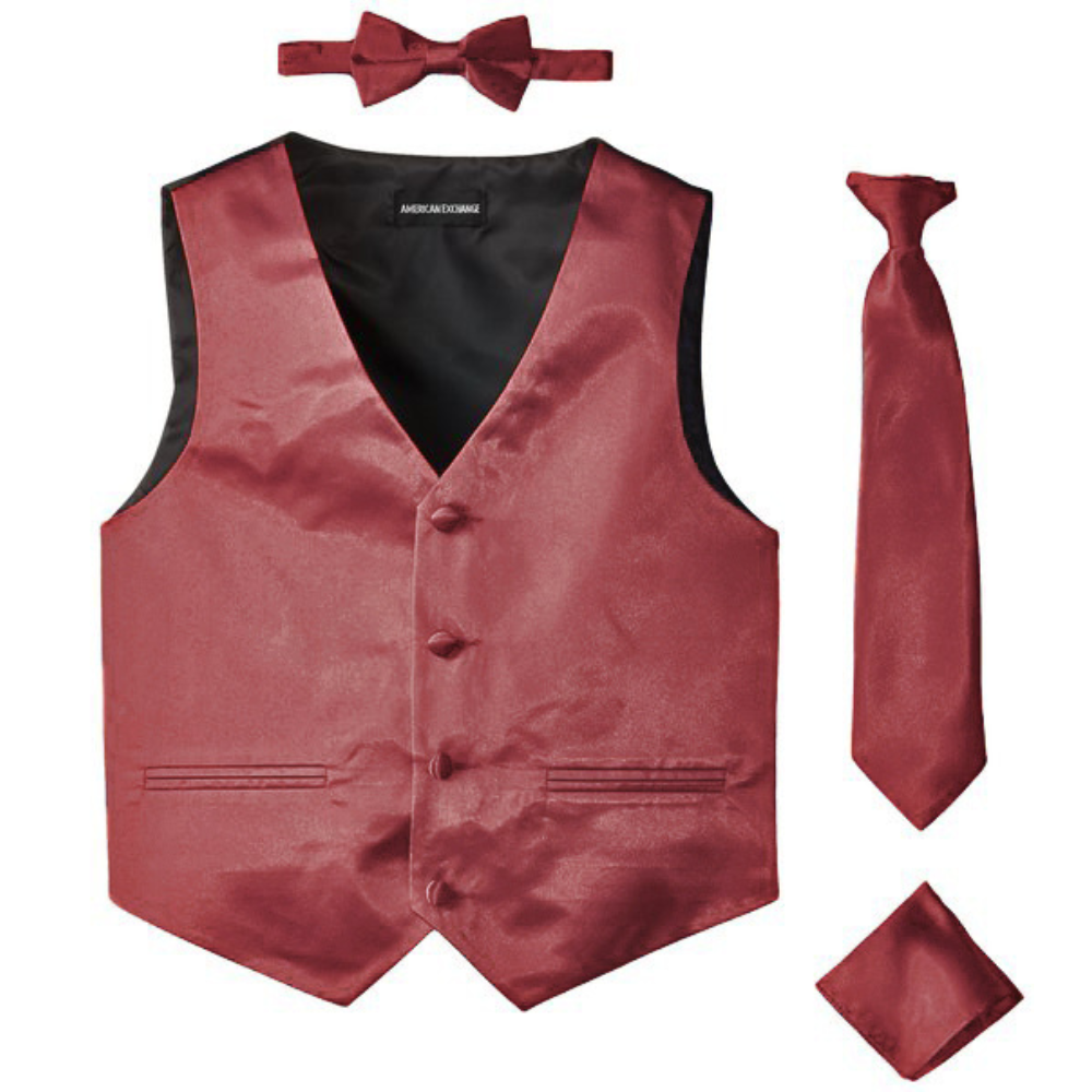 Boys Burgundy Satin Vest Set – Formal Waistcoat with Matching Tie, Bow Tie & Pocket Square