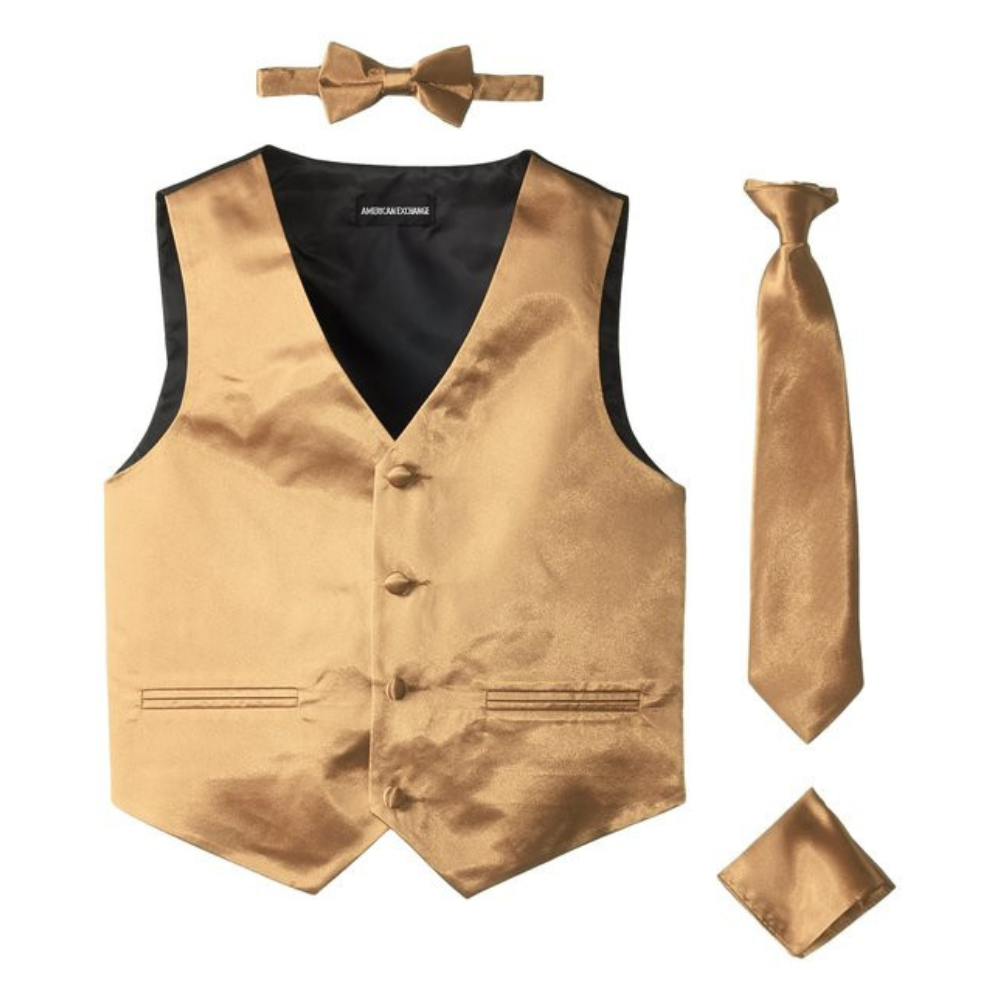 Boys Gold Satin Vest Set – 4-Piece Formal Waistcoat with Matching Tie, Bow Tie & Pocket Square