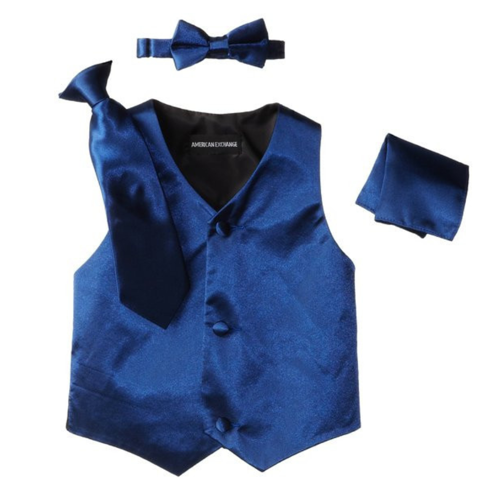 Boys Navy Blue Satin Vest Set – 4-Piece Formal Waistcoat with Matching Tie, Bow Tie & Pocket Square