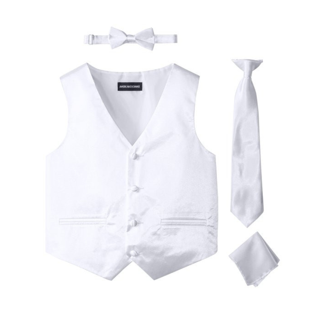 Boys White Satin Vest Set with Matching Tie, Bow Tie & Pocket Square