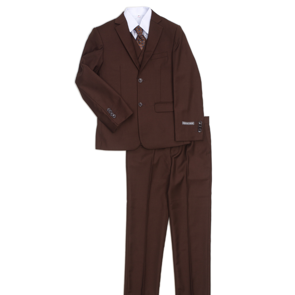 Boys 5-Piece Brown Formal Suit Set – Jacket, Vest, Pants, White Dress Shirt & Patterned Tie