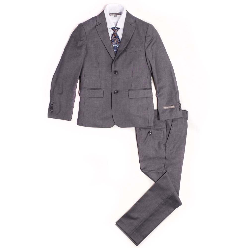 Boys 5-Piece Charcoal Gray Formal Suit Set – Jacket, Vest, Pants, White Dress Shirt & Paisley Tie