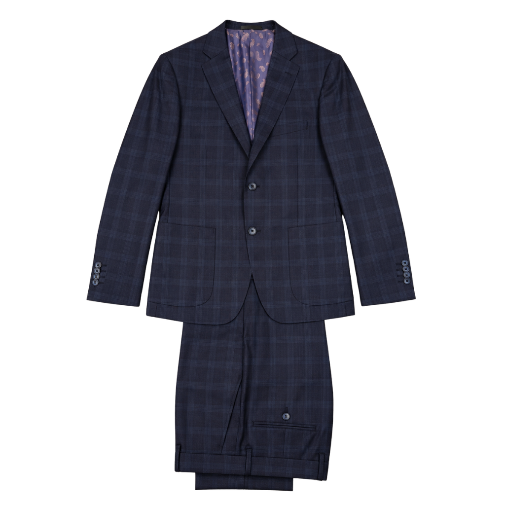 Men's Navy Blue Windowpane Plaid Two-Button Tailored Suit