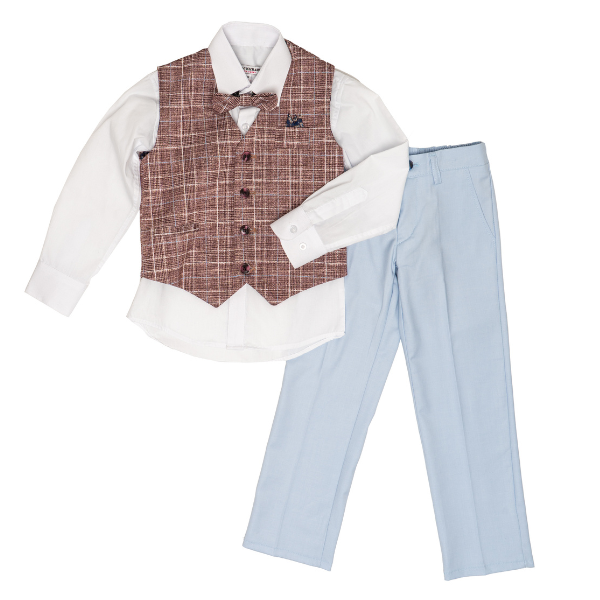 Boys 4-Piece Burgundy Check Waistcoat Suit Set with Sky Blue Trousers