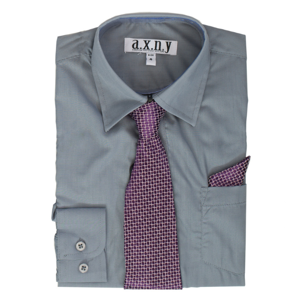 Boys' Charcoal Gray Dress Shirt with Purple Patterned Tie & Pocket Square Set