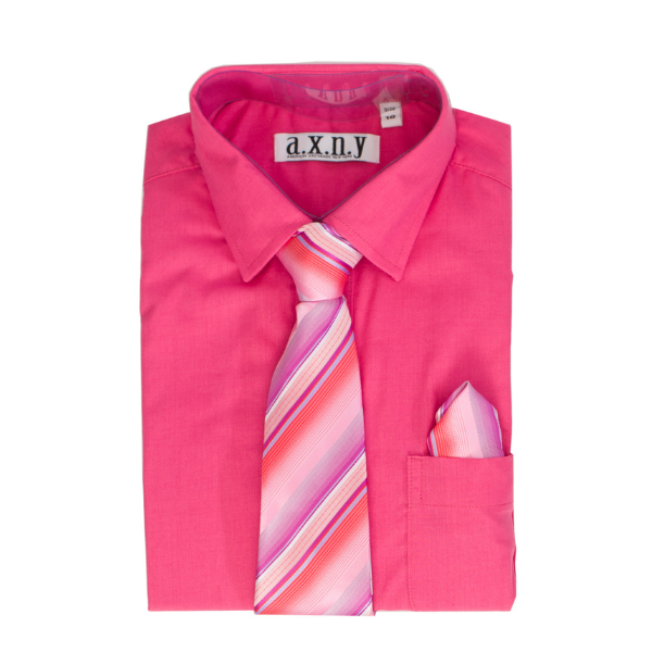 Boys' Fuchsia Dress Shirt with Pink Striped Tie & Pocket Square Set