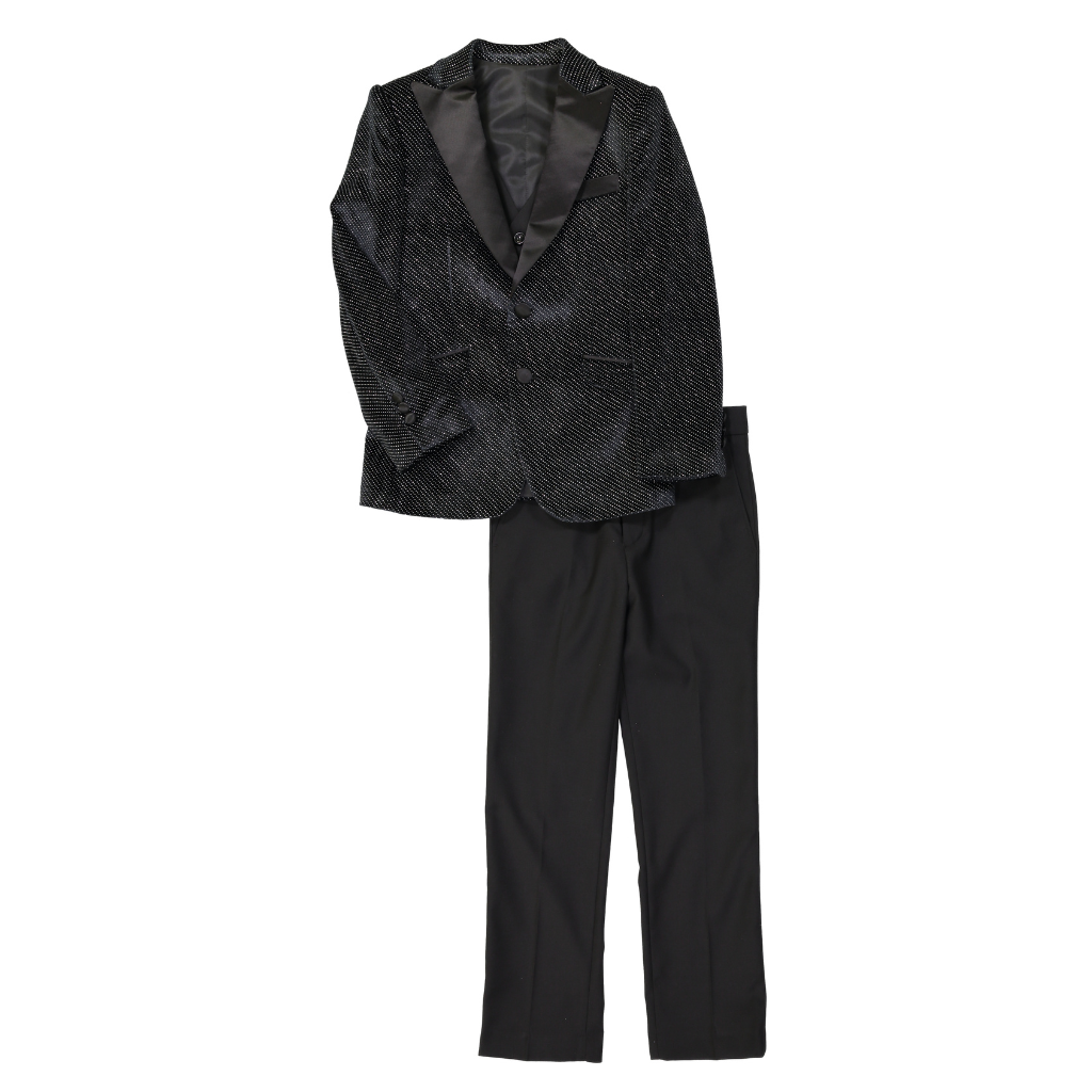Boys Black Velvet Sparkle Tuxedo Suit Set