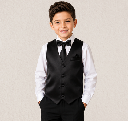 Boys Black Satin 4-Piece Formal Vest Set – Vest, Necktie, Bow Tie & Pocket Square