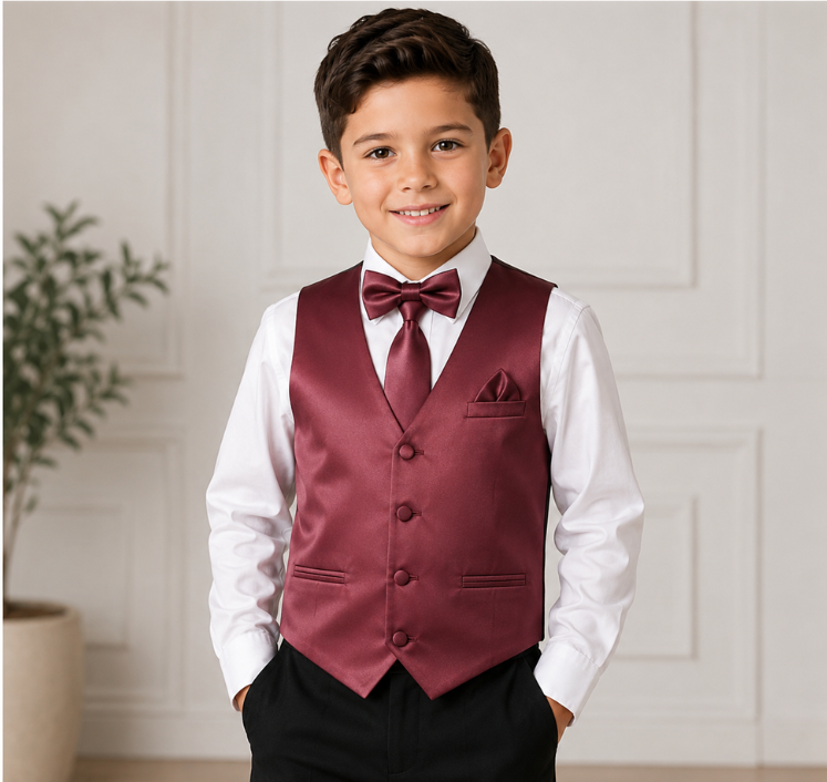 Boys Burgundy Satin Vest Set – Formal Waistcoat with Matching Tie, Bow Tie & Pocket Square