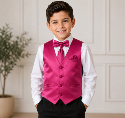 Boys Fuchsia Satin Vest Set – 4-Piece Formal Waistcoat with Matching Tie, Bow Tie & Pocket Square
