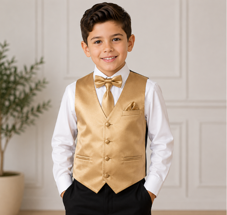 Boys Gold Satin Vest Set – 4-Piece Formal Waistcoat with Matching Tie, Bow Tie & Pocket Square