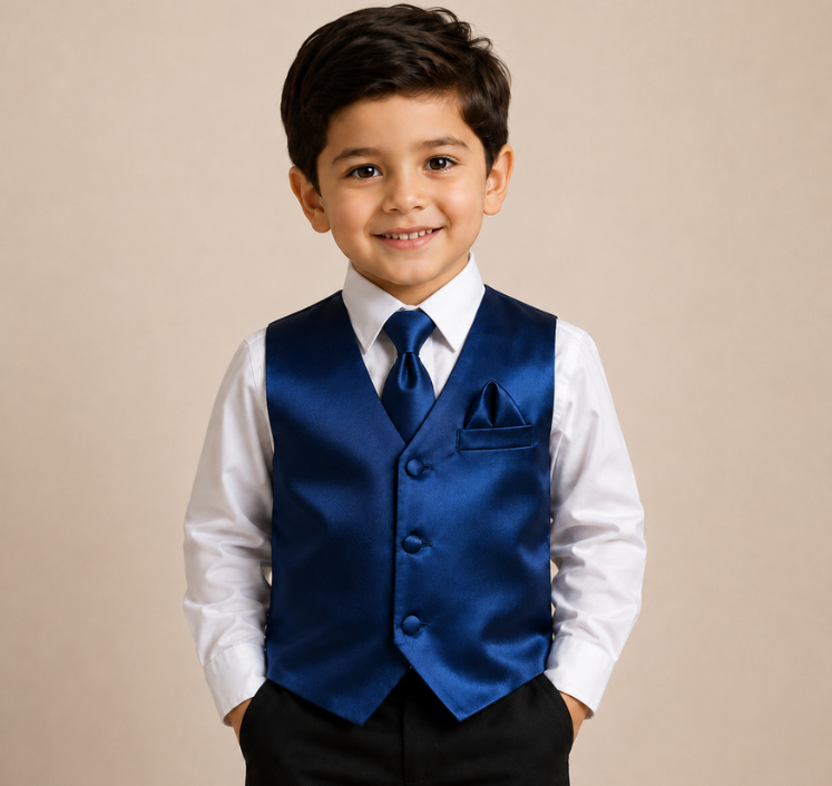Boys Navy Blue Satin Vest Set – 4-Piece Formal Waistcoat with Matching Tie, Bow Tie & Pocket Square