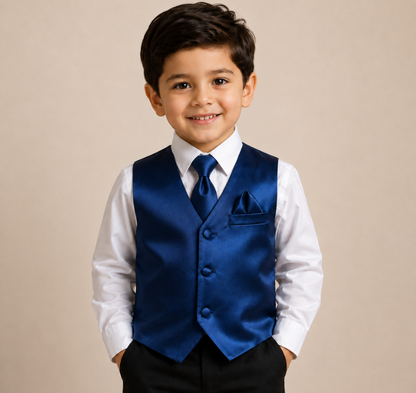 Boys Navy Blue Satin Vest Set – 4-Piece Formal Waistcoat with Matching Tie, Bow Tie & Pocket Square