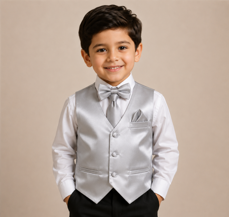 Boys Silver Satin Vest Set with Matching Tie, Bow Tie & Pocket Square