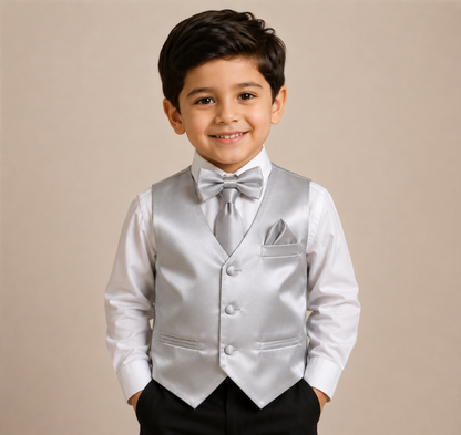 Boys Silver Satin Vest Set with Matching Tie, Bow Tie & Pocket Square