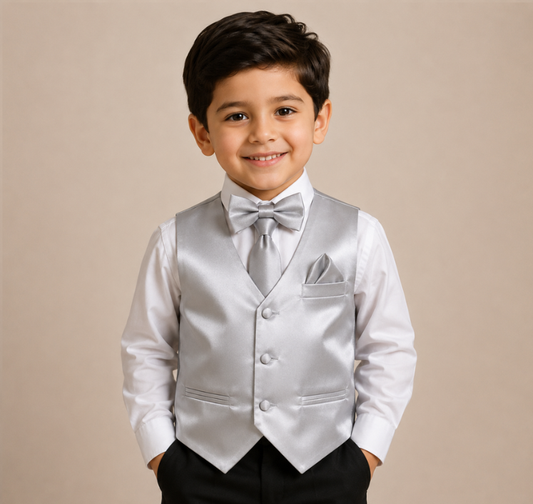 Boys Silver Satin Vest Set with Matching Tie, Bow Tie & Pocket Square