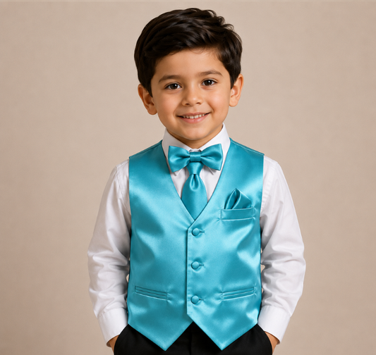 Boys Turquoise Satin Vest Set with Matching Tie, Bow Tie & Pocket Square