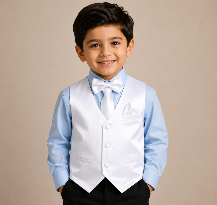 Boys White Satin Vest Set with Matching Tie, Bow Tie & Pocket Square