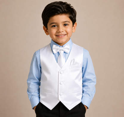 Boys White Satin Vest Set with Matching Tie, Bow Tie & Pocket Square