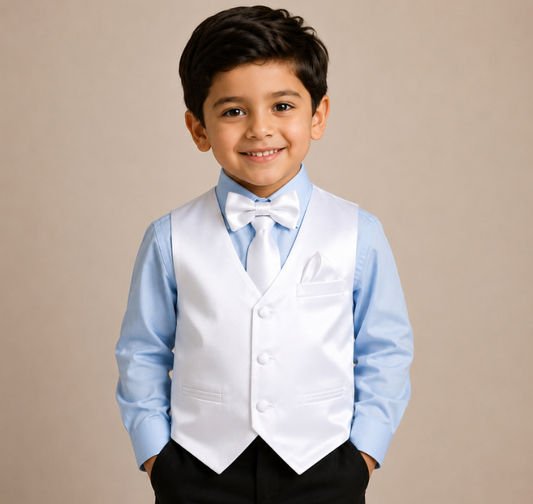 Boys White Satin Vest Set with Matching Tie, Bow Tie & Pocket Square