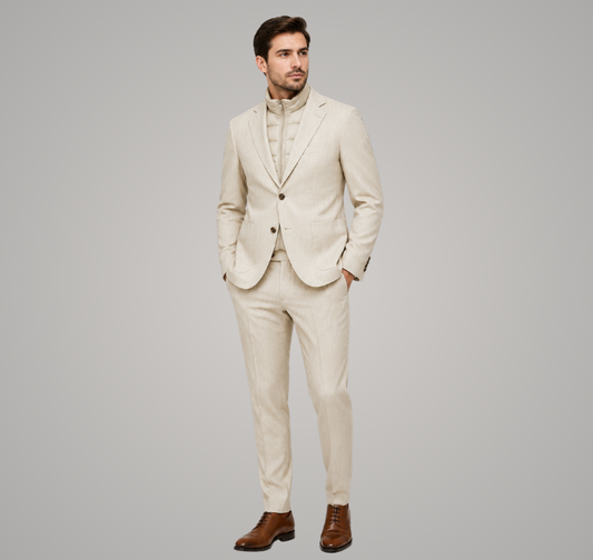 Men's Beige Tailored Travel Suit with Removable Zip-In Bib