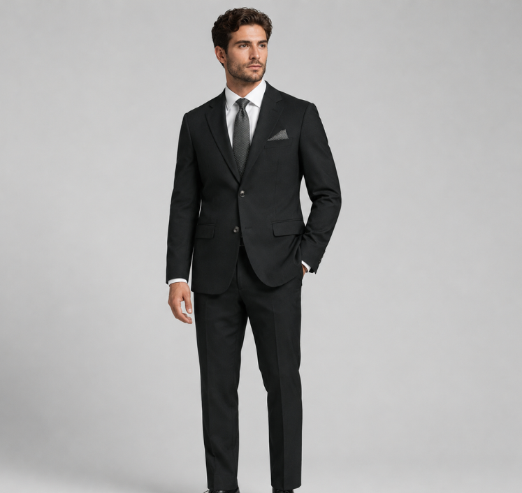 Men's Classic Black Two-Button Slim Fit Suit with Matching Pocket Square