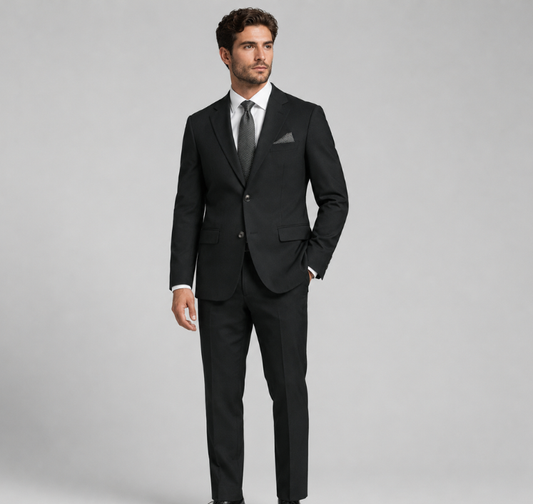 Men's Classic Black Two-Button Slim Fit Suit with Matching Pocket Square
