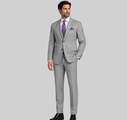 Men's Classic Light Grey Two-Button Slim Fit Suit with Matching Pocket Square