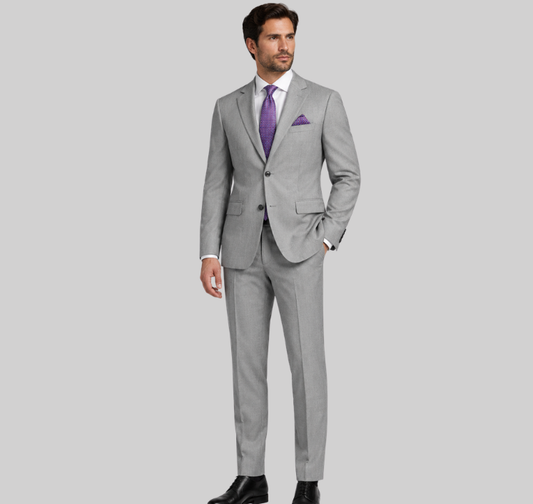 Men's Classic Light Grey Two-Button Slim Fit Suit with Matching Pocket Square