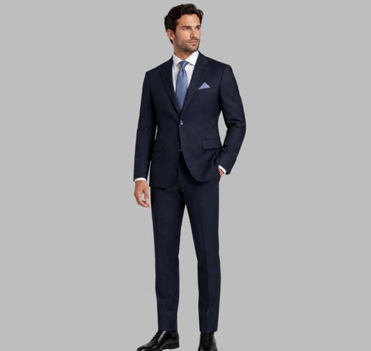 Men's Classic Navy Two-Button Slim Fit Suit with Matching Pocket Square