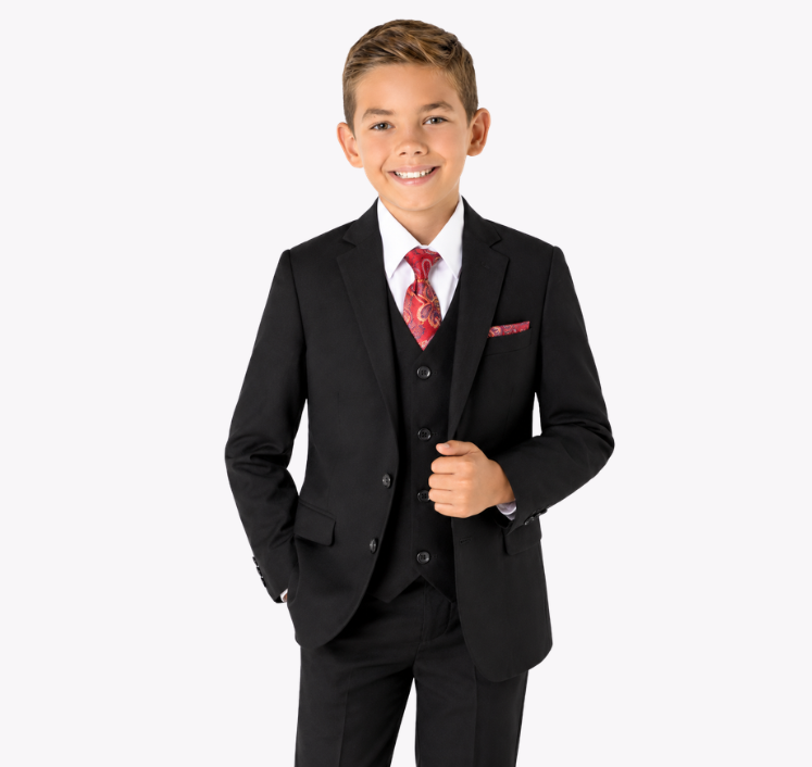 Boys 5-Piece Black Formal Suit Set – Jacket, Vest, Pants, White Dress Shirt & Red Paisley Tie