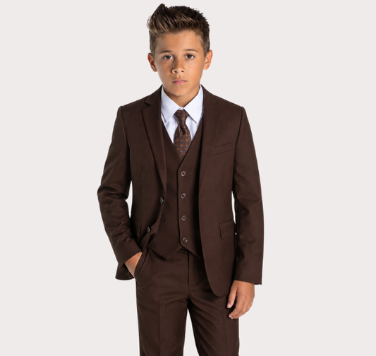 Boys 5-Piece Brown Formal Suit Set – Jacket, Vest, Pants, White Dress Shirt & Patterned Tie