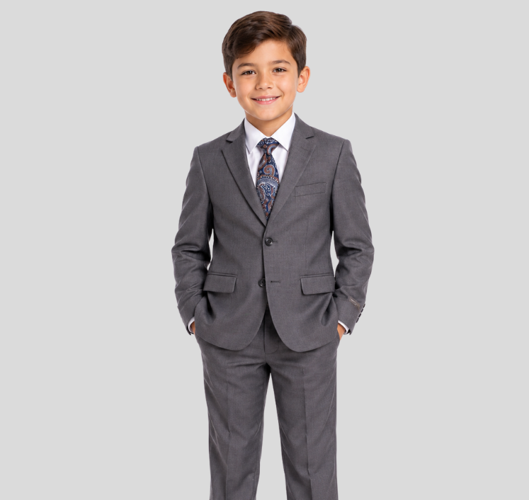Boys 5-Piece Charcoal Gray Formal Suit Set – Jacket, Vest, Pants, White Dress Shirt & Paisley Tie